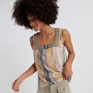Lucky Brand Square Neck Embroidered Striped Tank